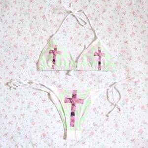 floral cross bikini set coquette grunge y2k